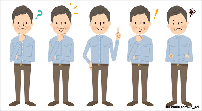 Five illustrations of a man in different states of realization