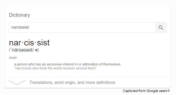 Screen capture of Google search definition of narcissist