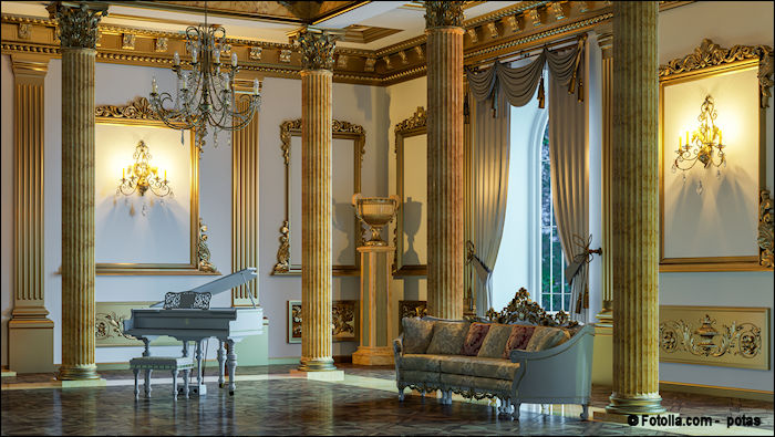 Elegant ballroom with grand piano, couch, and gold columns