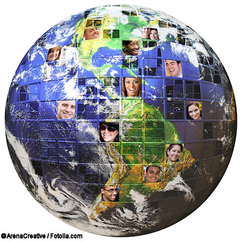 Concept art of satellite earth image with people of different races superimposed