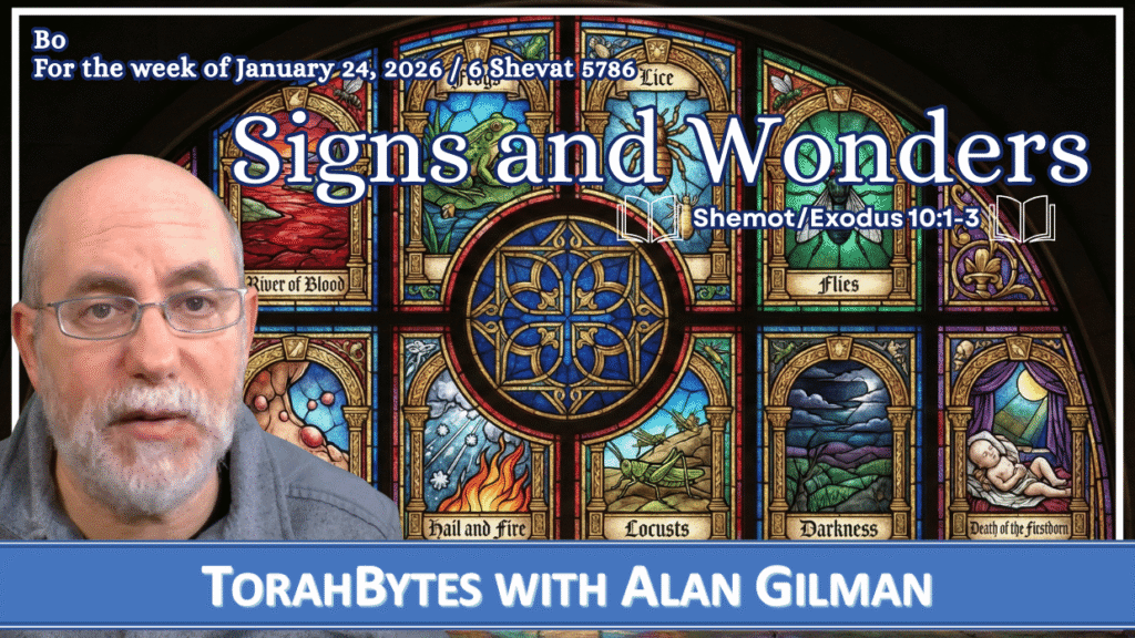 Podcast host with message information over a stain glass motif of the ten plagues