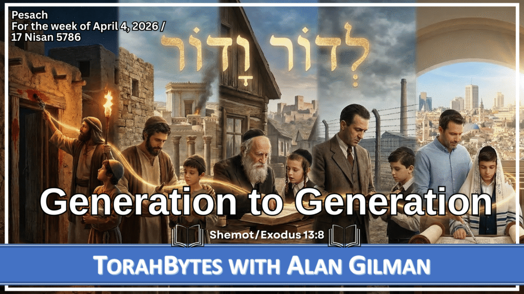 Message information over a multi-panel illustration of Jewish history from the first Passover until today, demonstrating "L'dor vador", from generation to generation