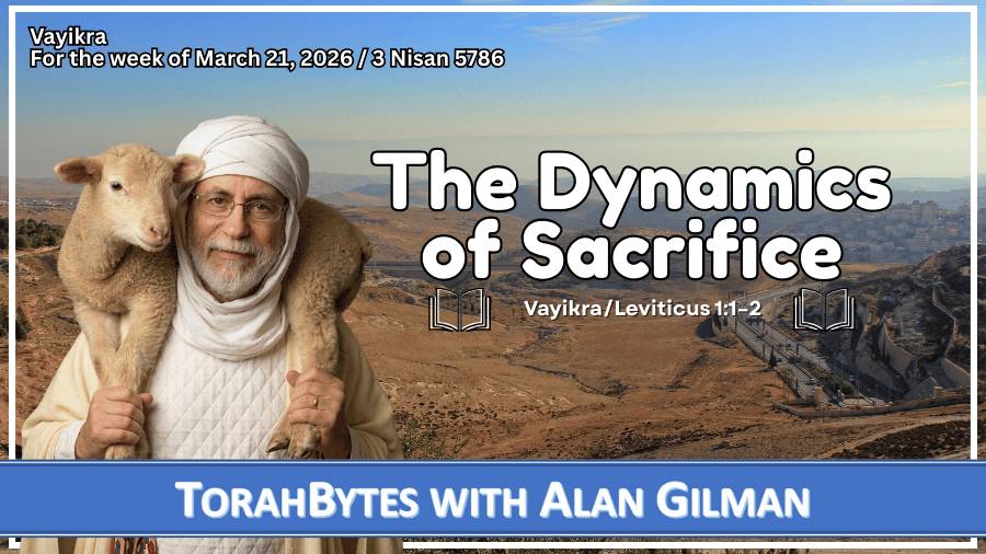 Message info along with TorahBytes host, Alan Gilman, wearing priestly garments, and carrying a sacrificial lamb