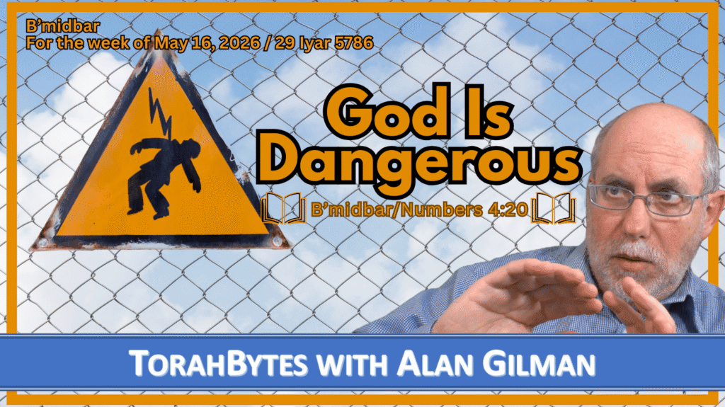 Message information along with TorahBytes host, Alan Gilman, over a power danger sign and a chain link fence