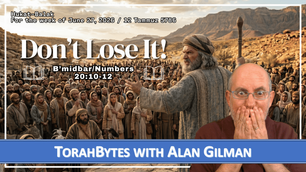 Message info and TorahBytes host, Alan Gilman, over an depiction of Moses before angrily striking the rock