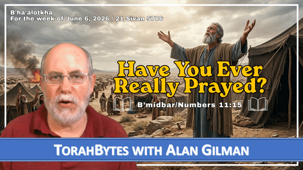 Message info along with TorahBytes host, Alan Gilman, with a depiction of Moses intensely praying