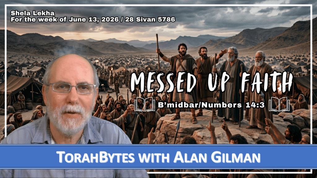 TorahBytes host, Alan Gilman, with message info against a background of a depiction of Joshua & Caleb pleading with the people of Israel