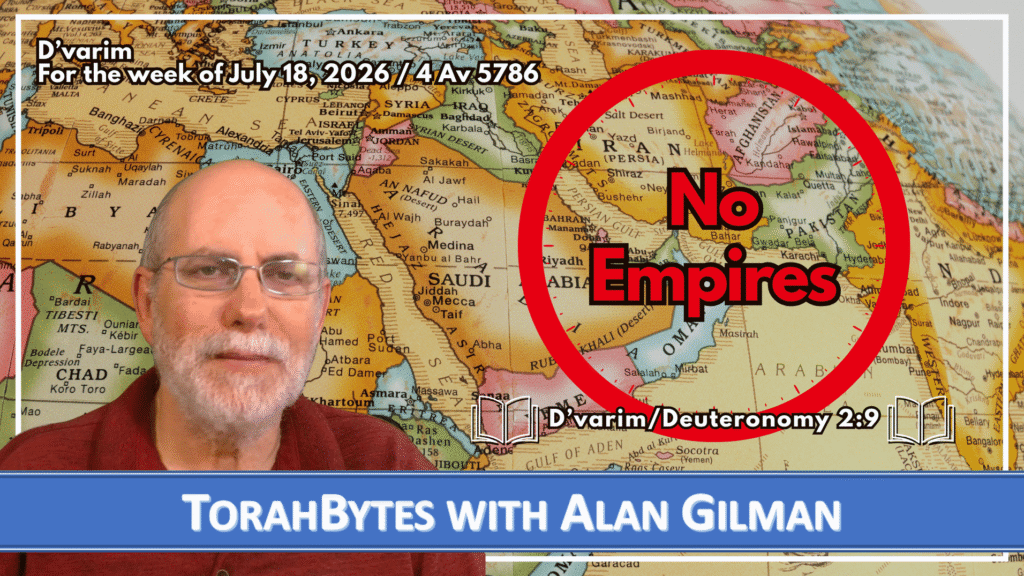 TorahBytes host, Alan Gilman, with message info against a map of the Middle East along with the words No Empires within a red circle