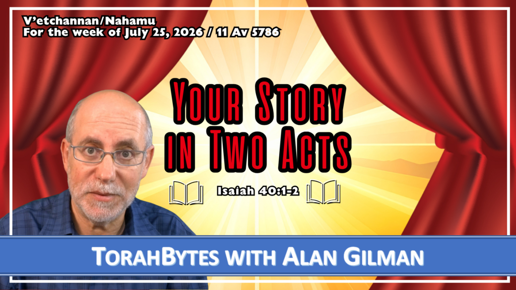 Message information along with TorahBytes host, Alan Gilman, over a theatrical curtain opening to display a brilliant sun