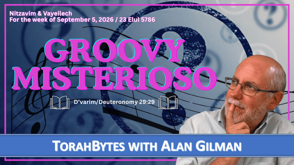 TorahBytes Host, Alan Gilman, with message info over a musical, mysterious background
