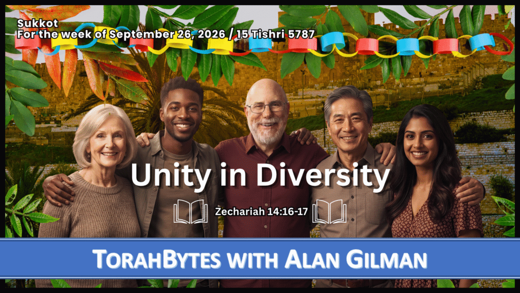 Message information over an AI-generated photo of TorahBytes host, Alan Gilman, along with two men and two women of various races