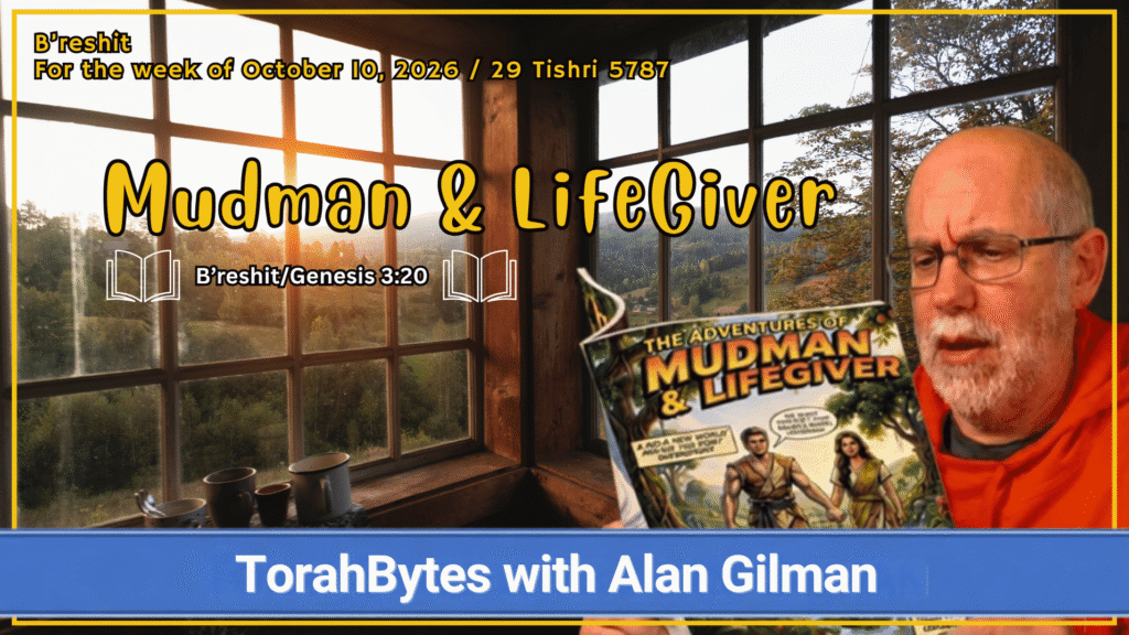 Message information along with TorahBytes host, Alan Gilman, reading a comic book, with a cover, illustrating the current message